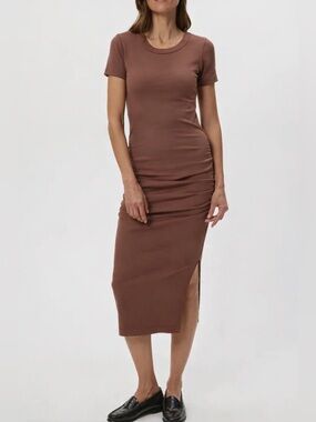Quince Tensel Ruched Side Slit Short Sleeve T-shirt Midi Dress in Brown